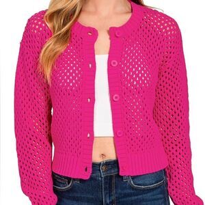 Zenana 100% Cotton Crochet Cardigan – Lightweight Button Sweater for Her Lt Pink